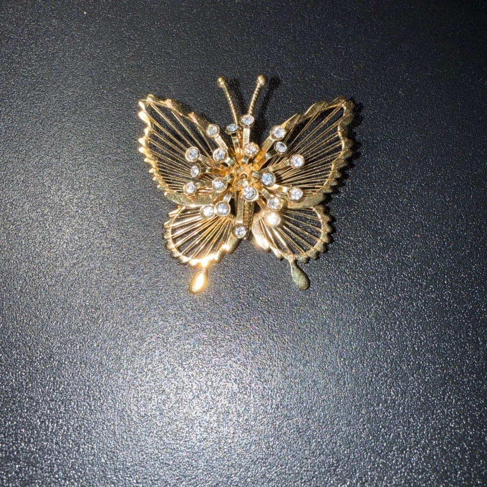 Monet Gold Butterfly Wire Wrap & Clear Rhinestones Pin Brooch Vintage